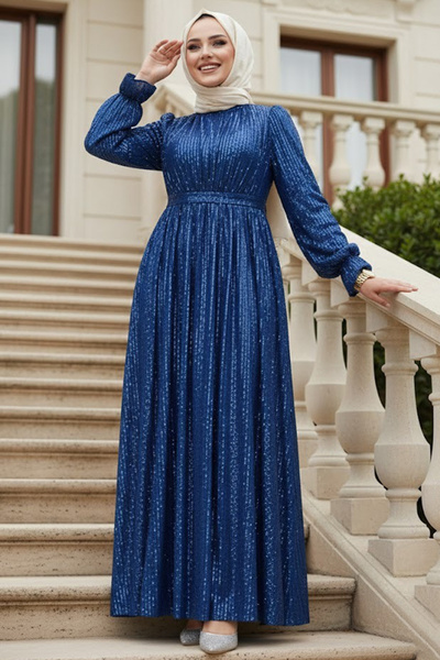 N.S NEVA STYLE Sequined Sax Blue Hijab Evening Dress 44961Sx