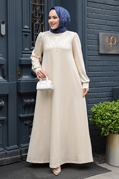 N.S NEVA STYLE Beaded Beige Hijab Dress 23815Bej