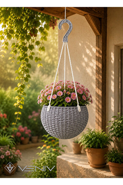 VENİV Rattan Desenli Askılı Saksı 2 Litre – Alt Tablalı Dekoratif Saksı