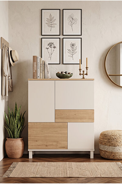 Robin Home Urban Çok Amaçlı Dolap Ahşap Ayaklı 4 Kapaklı Çekmeceli Kumsal-Sepet