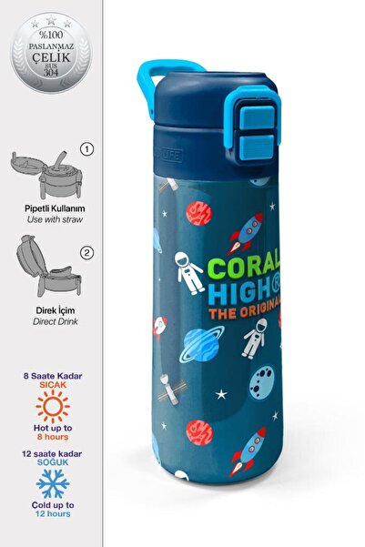Coral High Kids Çivit Kırmızı Uzay Desenli Pipetli ve Direkt İçim Çelik Termo...