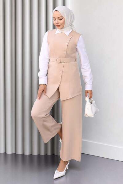 Missvalle Belted Vest Trousers Suit Beige 19250