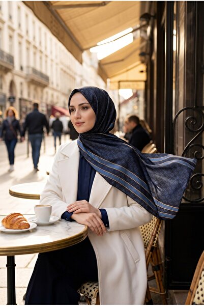 Vissona %100 Saf İpek Şal İnce Saten Vual Dokuma Monogram Desenli Lacivert - ...