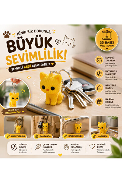 ElizTosh Örgü Görünümlü 3D Baskı Kedi Anahtarlık – Sevimli Sarı Kedi Çanta Sü...