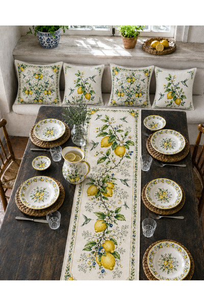 Bebişim Halı Cream Yellow Lemon Runner and 4-Piece Throw Pillow Cover Summer ...