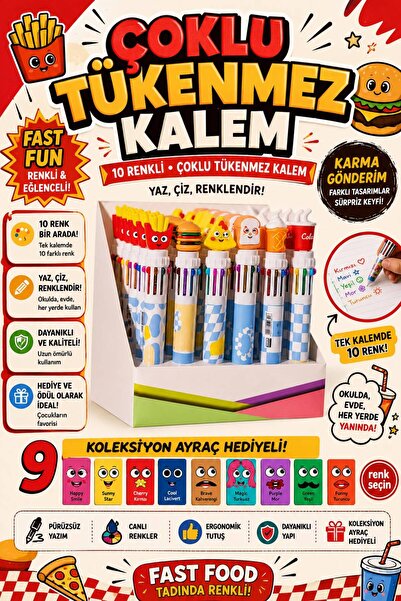 Pembe Pasaj 10 Renkli Hamburger Fastfood Tükenmez Kalem - Çoklu Tükenmez Kale...