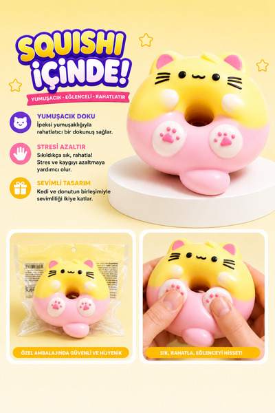 Kawaii Kedi Donut Squishy Oyuncak Pembe-Sarı – Yumuşak, Strese Dayanıklı Sıkıştırma Oyuncağı Moj Moj Tasarım