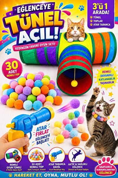 Petshop Kedi Oyun Seti 3 Kollu Katlanabilir T Tünel + Ponpon Top Fırlatma Tab...