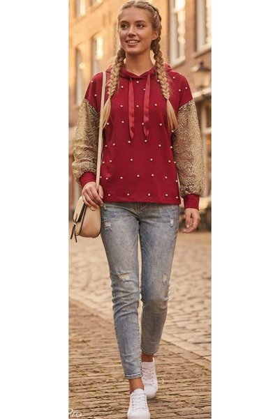 rose butik Rosenin Modeleri Kadın Kapşonlu Bluz Kolları Danteli Önü İnçili