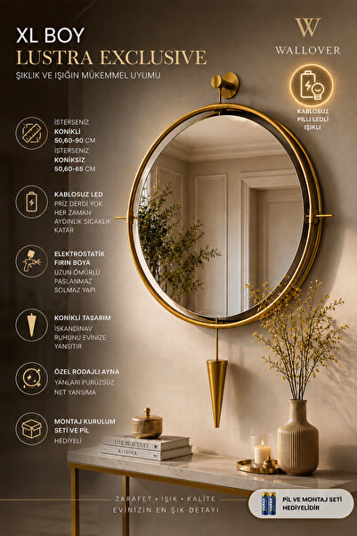 Wallover Design Lustra Gold - Xxl Dev Boy - Kablosuz Ledli Dekoratif Ayna – M...