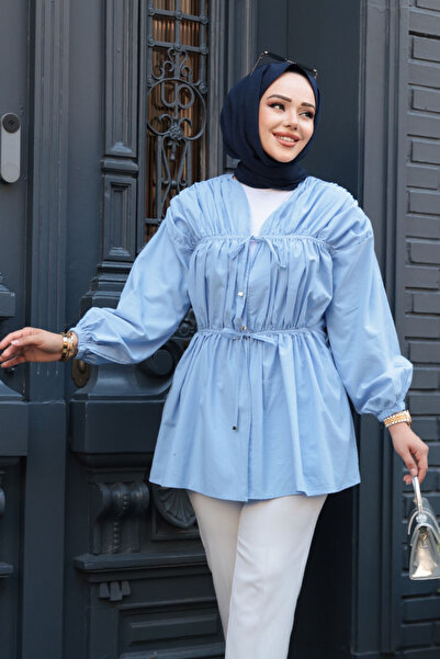 N.S NEVA STYLE تونيك حجاب أزرق فاتح بتفاصيل رباط 101042BM