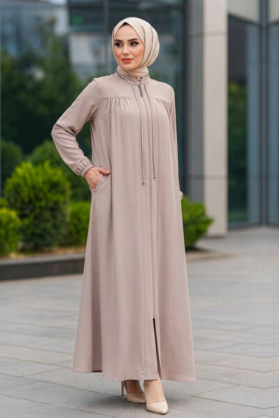 Neva Style Fermuarlı Bej Tesettür Ferace 45290BEJ