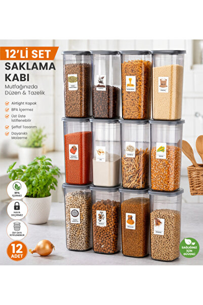 Genel Markalar Etiketli Mega Boy Kapaklı 12'li Erzak Saklama Kabı Seti 1750 ml
