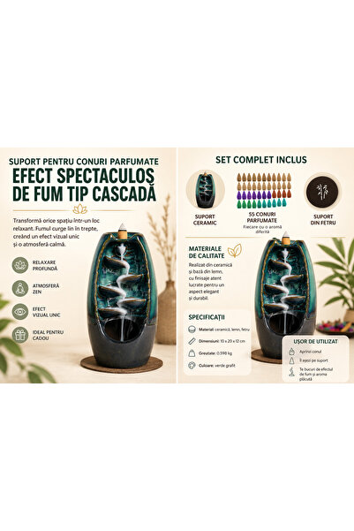 Ruhhy Semineu parfumat tip cascadă cu reflux, 55 conuri incluse, efect de fum...