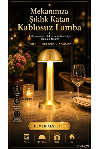 Ct Cata CT-8429 Şarjlı Led Masa Lambası Dokunmatik Kademeli Eskitme Gold Kafe...