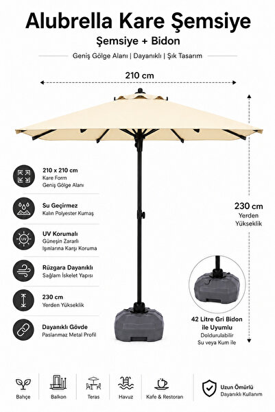 Düvenci Alubrella Krem Güneş Şemsiyesi Kare, 210/210 8 telli, Su Geçirmez Kum...