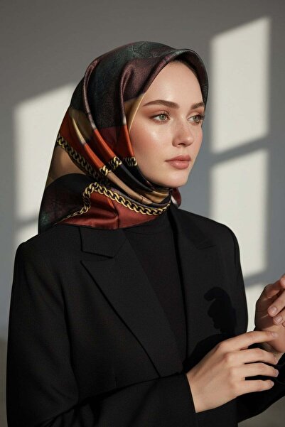 Vissona %100 Twill İpek Taş Efekti Desenli Taba - Siyah Renkli 90x90 Eşarp Di...