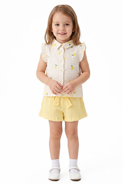 bebegen Girl's Ecru Yellow Lemon Printed Shorts Muslin 2-Piece Set