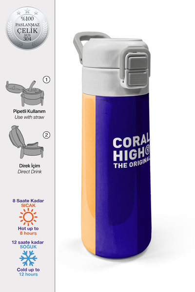 Coral High Kids Renkli Çizgili Desenli Pipetli ve Direkt İçim Çelik Termos 50...