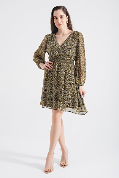 Lafaba Rochie neagră de damă, cu model, cu guler dublu