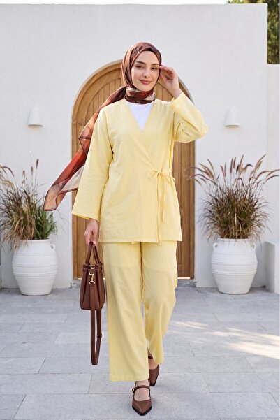 Modamorfo Set kimono cu pantaloni cu legături în față - Galben deschis