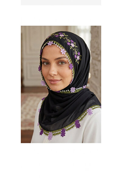 NUMİSTORE İğne oyası siyah renk önü işlemeli namaz örtüsü