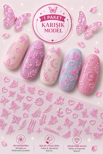 Sibelon 3D Kabartmalı Nail Art Sticker Kendinden Yapışkanlı Tırnak Dövmesi Ta...