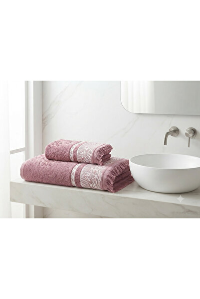 ŞENER HOME 2-Piece Fringed Bath Set, Bath and Head Towels - Dried Rose