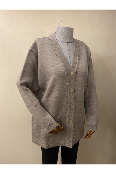 TEK Beaded Knitwear Stylish Patterned Mother's Cardigan with Pearl Detail / Mink