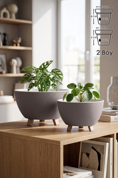 ToXA 2 Boy Sora Ayaklı Saksı Seti 2'li Set Drenajlı Süzgeçli Plastik Saksı