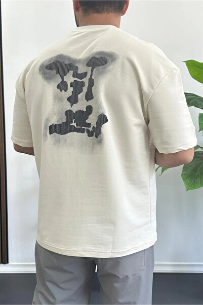 Edwox Men's Embossed Back Printed Oversize T-Shirt Cream Edw390