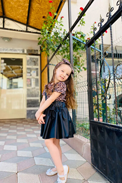 Minigimin Cicileri Leopard Leather Salopet Short Sleeve Suit - Black