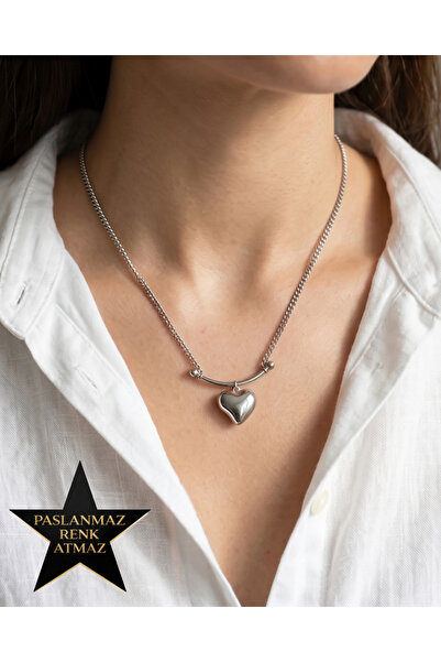 stainless steell 316L Steel Silver Bar Hanging Heart Women's Necklace 43+7 cm...