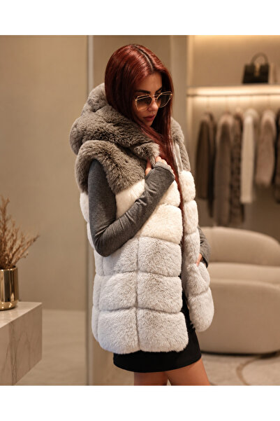 mybg Kadın Gri Beyaz Kapüşonlu Uzun Suni Kürk Yelek Oversize Özel Üretim