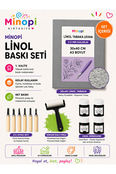 Minopi ورق لينول 2.5 مم 30×40 سم، حبر أسود، أسطوانة إسفنجية، مجموعة نحت من 6 قطع