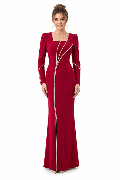 unbranded Women's Burgundy Long Sleeve Maxi Evening Dress with Gold Trim Deta...