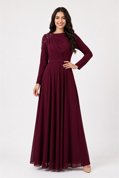 unbranded Women's Burgundy Chiffon Maxi Evening Dress with Embellished Should...