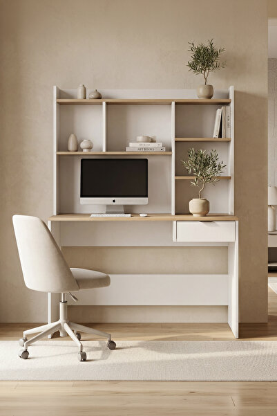 SARMOBİ Harmony Raflı, Çekmeceli Çalışma Masası 120x163x50 cm Beyaz/Meşe – Mo...