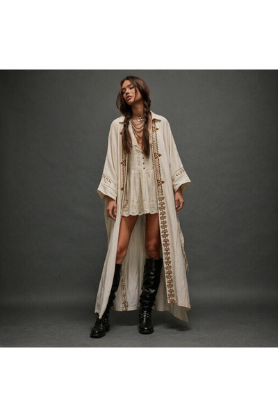 Su Koleksiyon MONK BOHEMIAN STYLE WOOD PRINTED LINEN KIMONO