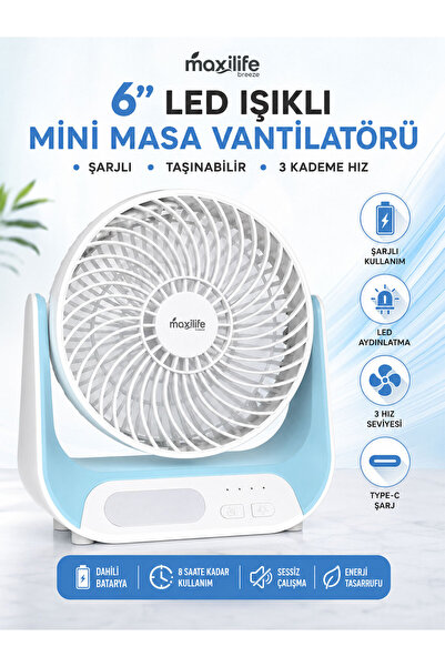 Maxilife Breeze MG-5146F Şarjlı Mini Masa Vantilatörü LED Işıklı 3 Kademeli U...