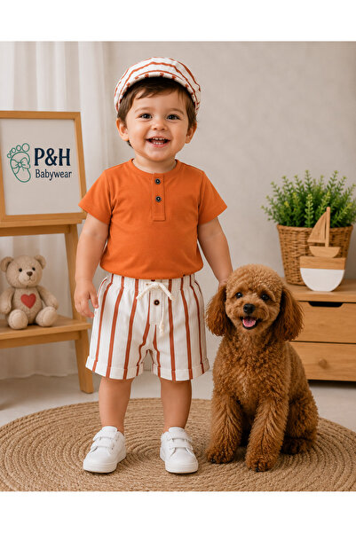 P&H BABYWEAR طقم صيفي للأطفال الأولاد مكون من مخطط قطع مع تفاصيل زر وقبعة
