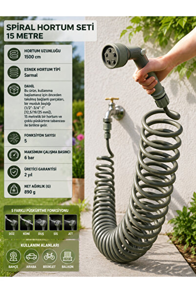 Altınkayaticaret 15 Metre Spiral Bahçe Hortum Seti Gül Başlıklı Sulama Tabanc...