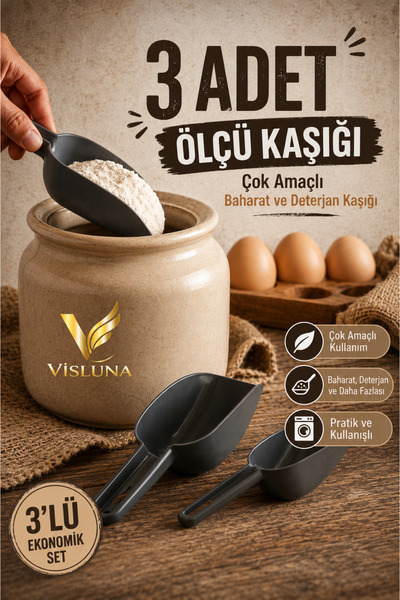 VİSLUNA 3'lü Çok Fonksiyonlu Ölçü Kaşık Seti Un Baharat ve Deterjan Kaşığı