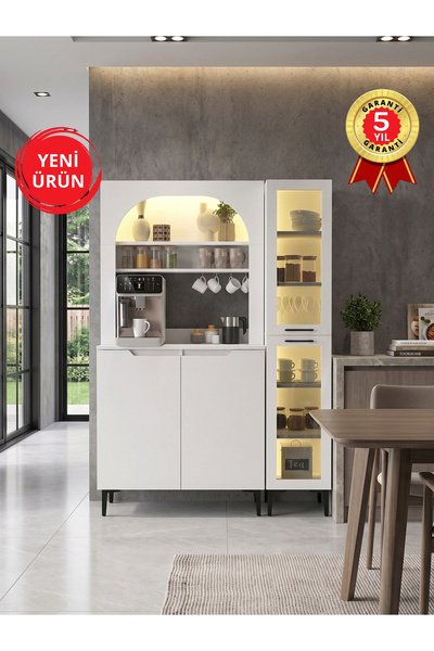dorpek 4 Kapaklı Led Işıklı Kahve Köşesi, 12 Raflı Çok Amaçlı Dolap, Temperli...