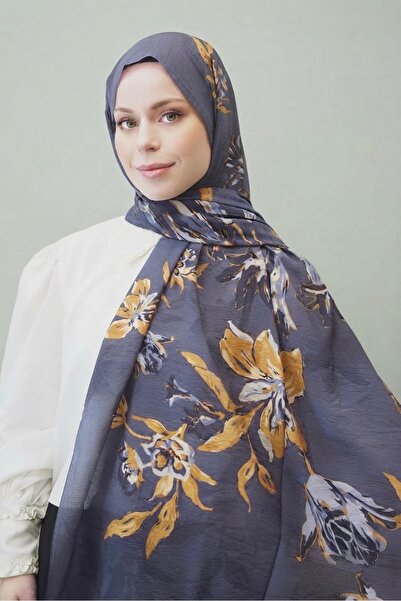 YILDIZ SCARFS Orkide Desen Premium Tensel Şal - İndigo