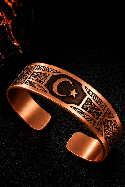 OSMANLI GÜMÜŞ سوار نحاسي للرجال مصنوع يدويًا بتصميم نجمة القمر، سوار نحاسي قا...