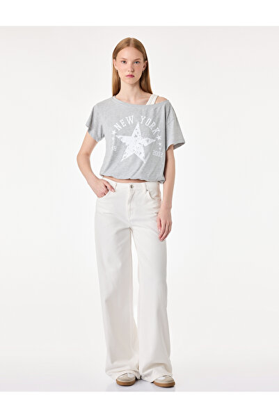 Koton Comfortable Fit Off-The-Shoulder Short Sleeve Layered Printed Crop T-Shirt