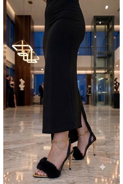 Afilli Kadın Siyah Sarı Gold Tüylü Tek Bant Seksi Sexy Bride Düğün Abiye İnce...