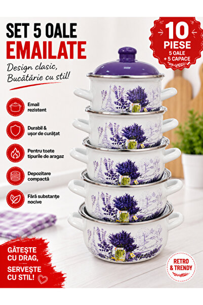 Arian Set 5 oale emailate cu capac, 2L–6,2L, model Lavandă