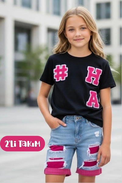 Hilal Akıncı Kids Kız Çocuk Süzene Nakışlı Tişört Yırtık Detaylı Şort